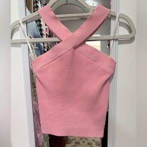 Babaton Women’s Pink Cross-Front Ribbed Tank Top